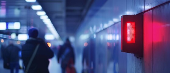 Blurry image of a person walking in a subway station with a red light in the background.