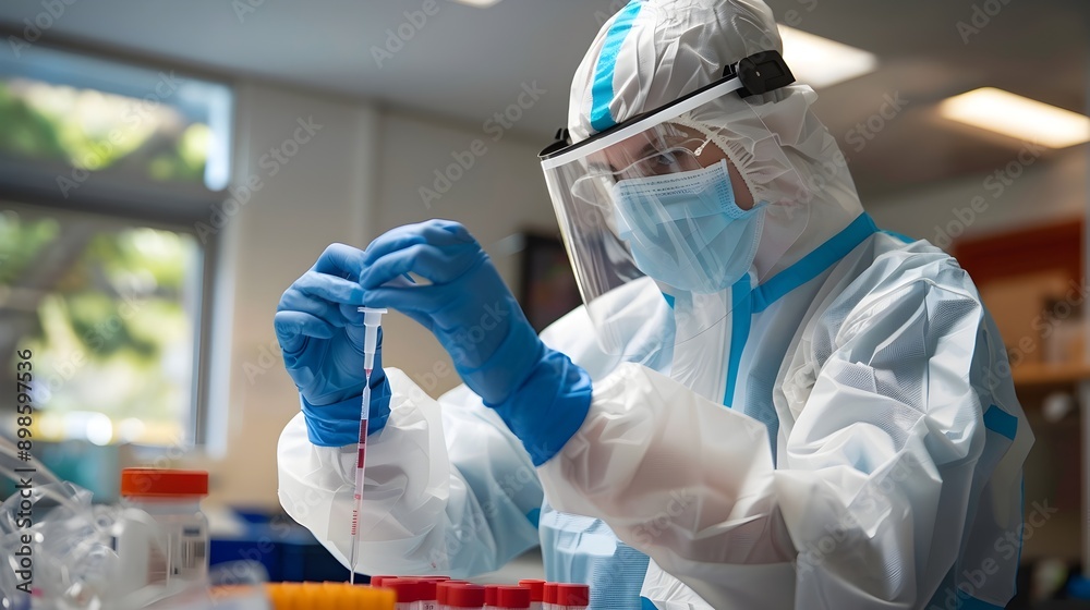 Poster scientist in protective gear handling stem cell samples in laboratory