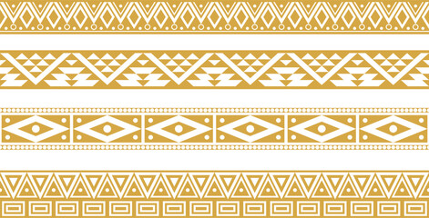 Vector set of golden native american ornamental seamless borders. Framework of the peoples of America, Aztecs, Maya, Incas