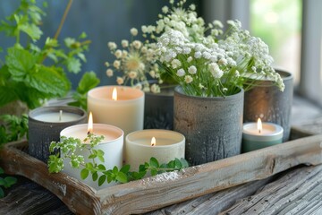 Handmade Scented Candles with Botanical Elements on Rustic Wooden Tray for Home Decor