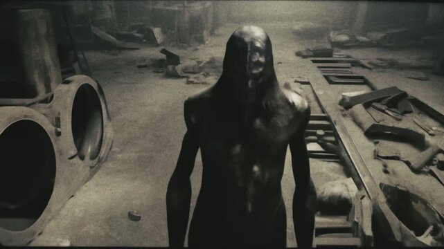 Creepy scene of an noir film stylized scene of abandoned factory occupied by wraiths, like foes in a game blocking passage to the exit, giving a ominous feeling of being in a trap. High quality 4k