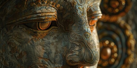 Ancient statue with digital patterns, symbolizing the blend of history and modern technology in cryptocurrency.