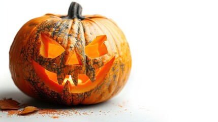 Spooky Halloween Pumpkin with Carved Face Isolated on White Background