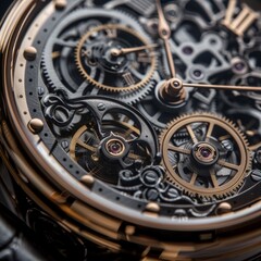 Closeup of a complex, intricate mechanical watch face with exposed gears and intricate details.