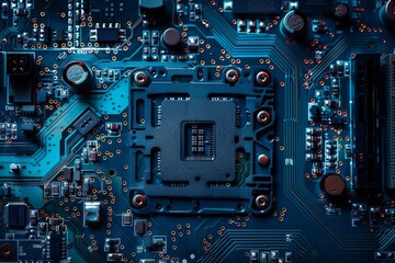 Close-up of a computer motherboard with a processor socket in the center.  The board is illuminated with blue light, highlighting the intricate circuitry.