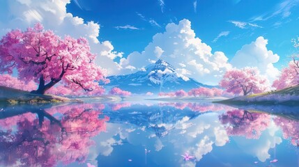 Fototapeta premium Blossoming orchard trees casting reflections on a serene river, Japanese anime style