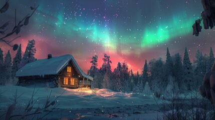 Monochrome winter cabin, colorful Northern Lights dancing overhead