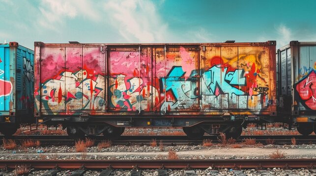 Colorful graffiti tags on a monochrome freight train, moving art