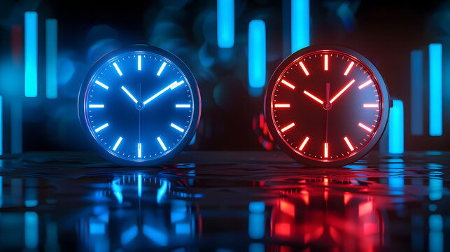 Blue and red neon clocks with a futuristic, high-tech design.