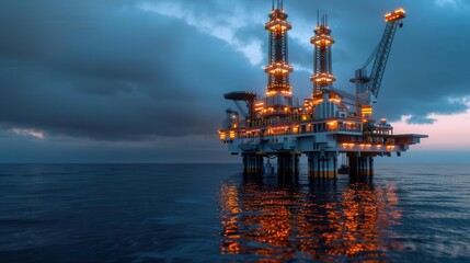 Fototapeta premium A stunning oil rig illuminated at sunset, reflecting on calm ocean waters, showcasing industrial beauty and technology at sea.