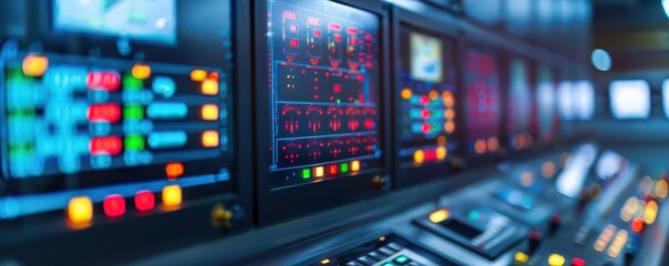 Close-up of a modern control panel with illuminated buttons and monitors, showcasing advanced technology in a sleek design.