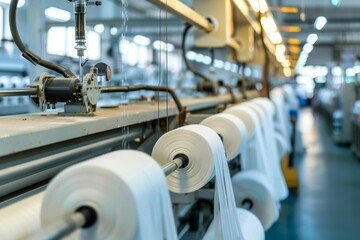 Close-up of textile manufacturing machinery with spools of white thread.