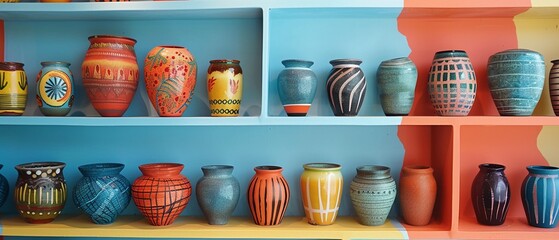Vibrant pottery on monochrome shelves, artistry in clay