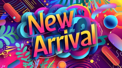 Colorful abstract background with "New Arrival" text in a modern, bold font.  Perfect for promotions and sales.