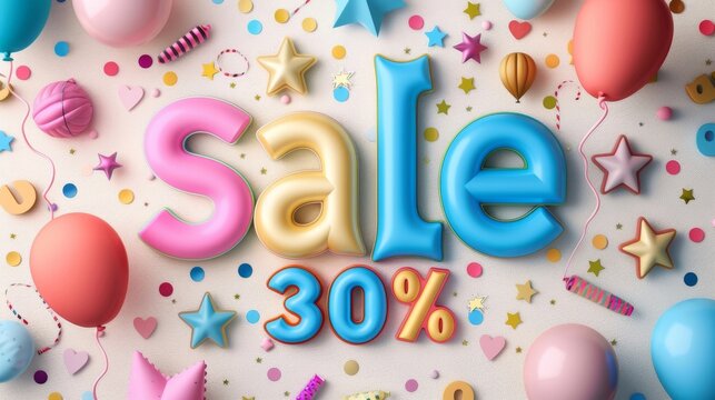 Colorful balloons and confetti surround the word "Sale" with a 30% discount.