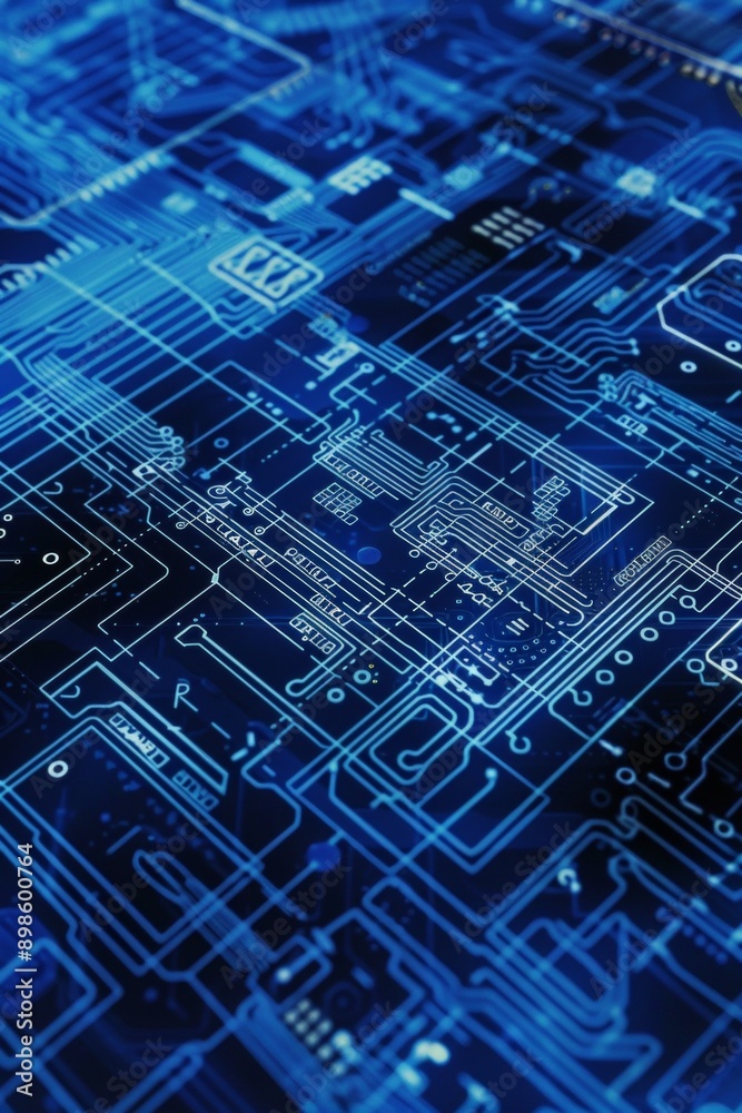 Poster blueprint close-up of a server blade, emphasizing individual processors, memory modules, and intrica