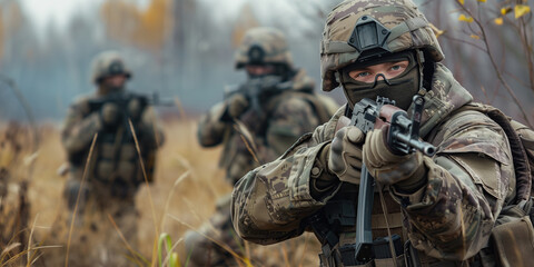 Military soldiers in military uniform training on nature
