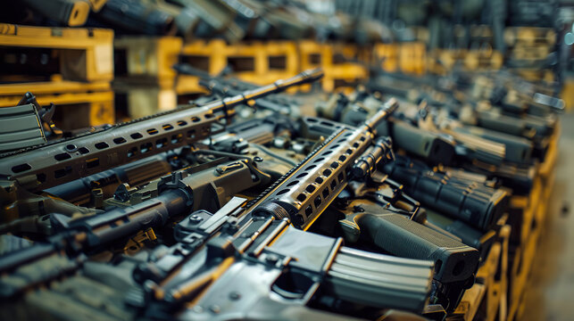 Weapons in a military warehouse, automatic rifles