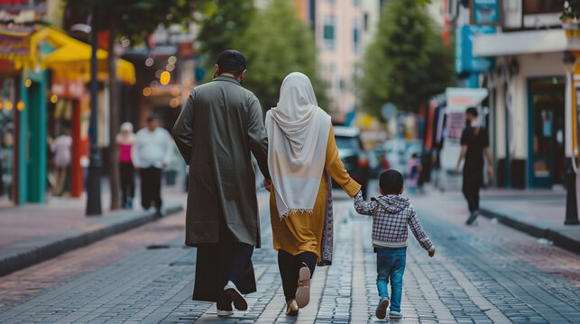Muslim family on european street