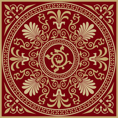 Vector red and gold colored square ornament of ancient Greece. Classic tile pattern of the Roman Empire