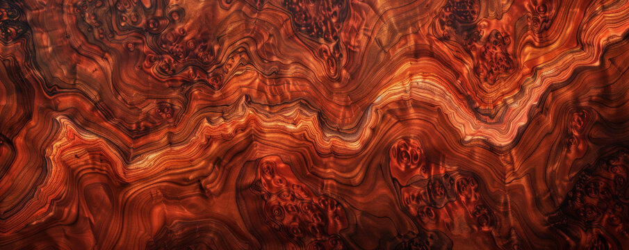 A luxurious bubinga burl wood backdrop with swirling grain patterns and rich, reddish-brown tones, offering a refined aesthetic.