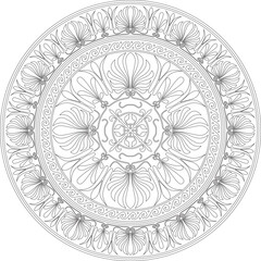 Fototapeta premium Vector black monochrome classic Greek round outline ornament. Circle of Ancient Greece and the Roman Empire. Byzantine painting of walls, floors and ceilings. Decoration of European palaces