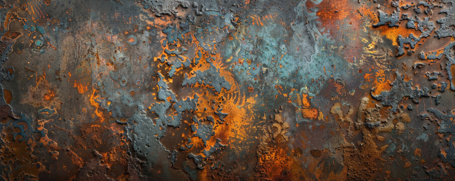 A corroded metal surface with intricate rust patterns and a rich patina, evoking a sense of history.