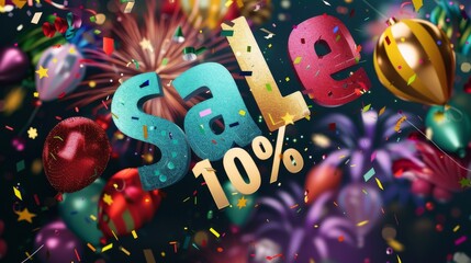 Colorful sale banner with confetti and balloons.  Perfect for a sale announcement or promotion.  10% off sale.