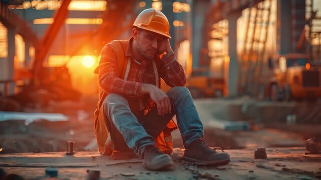 Construction workers sit sad on the job site, there are unemployed, hopeless crisis, low economic crisis, business failure