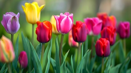 Fototapeta premium Vibrant Springtime Tulip Garden with Colorful Blooming Flowers