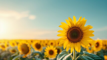Fototapeta premium A beautiful sunflower field under a clear blue sky, with copy space, high-resolution photo, cinematic image, hyper realistic