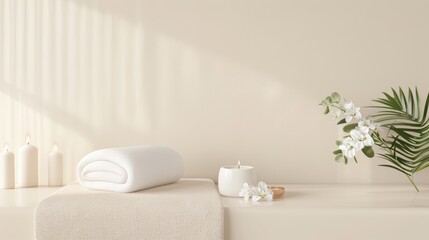 A beautifully arranged spa treatment room with soft lighting, aromatherapy candles, and fresh flowers, with copy space, high-resolution photo, realistic photo, hyper realistic