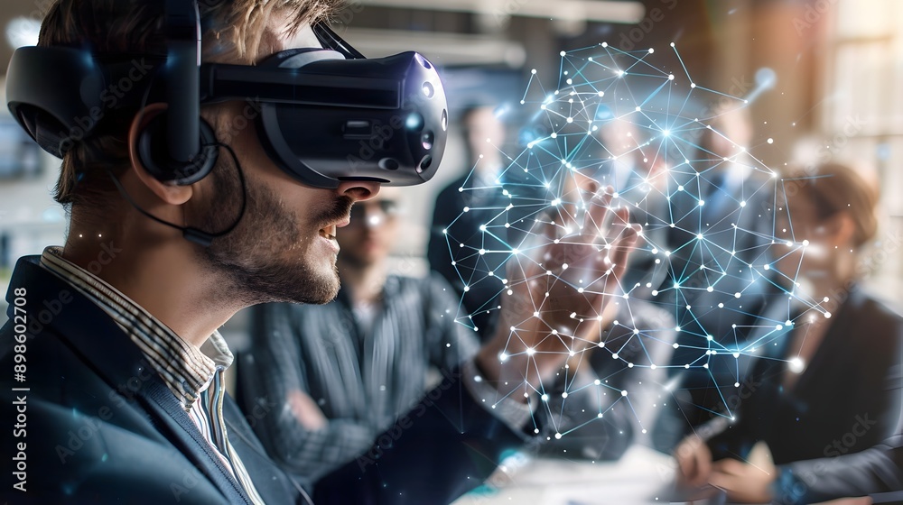 Aufkleber virtual reality business meeting with mesh lines indicating interactions