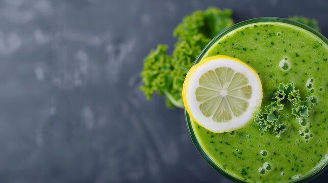 A close-up of a healthy green smoothie with fresh spinach, kale, and a slice of lemon, with copy space, high-resolution photo, realistic photo, hyper realistic