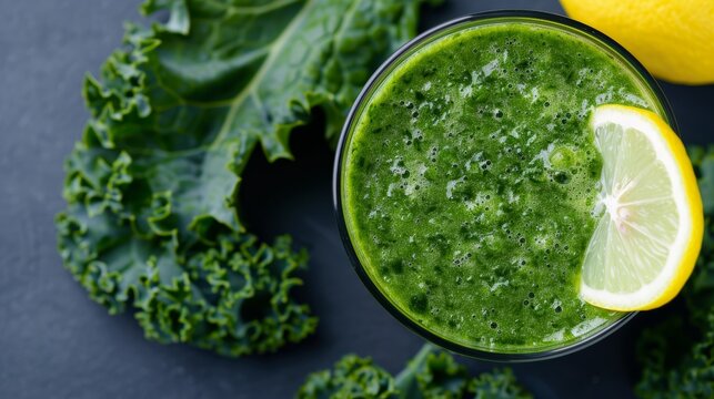 A close-up of a healthy green smoothie with fresh spinach, kale, and a slice of lemon, with copy space, high-resolution photo, realistic photo, hyper realistic