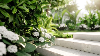 A beautiful garden with a variety of plants and flowers, perfect for a peaceful stroll or meditation, with copy space, high-resolution photo, realistic photo, hyper realistic