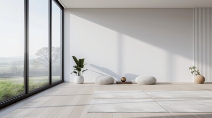 A beautiful home yoga studio with large windows, natural light, and a variety of yoga props, with copy space, high-resolution photo, realistic photo, hyper realistic