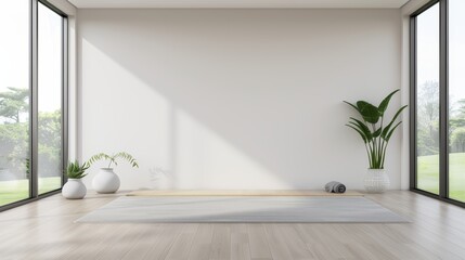 A beautiful home yoga studio with large windows, natural light, and a variety of yoga props