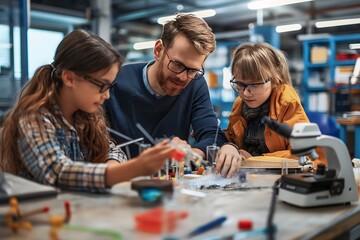 Fototapeta premium Girls in elementary school learn robotics with the guidance of a female teacher, constructing a robotic car in an after-school club