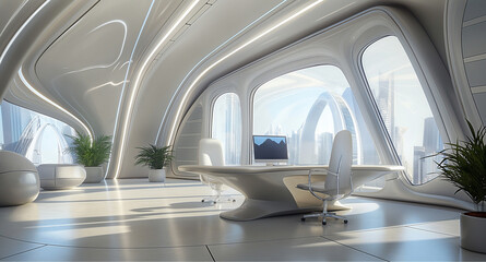 Modern Futuristic Office Interior with Panoramic City View and Curvilinear Architecture