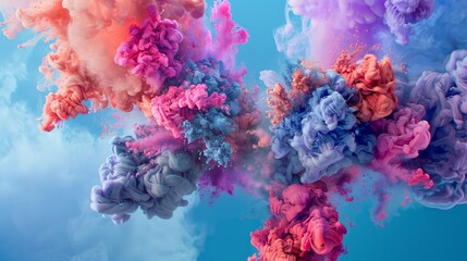 Fototapeta premium Abstract shapes created by colorful ink mixing in water against a blue backdrop