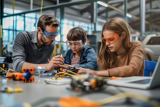Elementary school girls get hands-on experience in science as a male teacher helps them construct a robotic car in their after-school robotics club