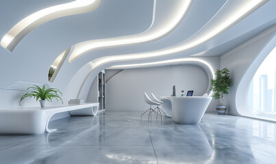 Modern Minimalist White Curved Architecture Interior Design with Natural Light and Elegant Furniture