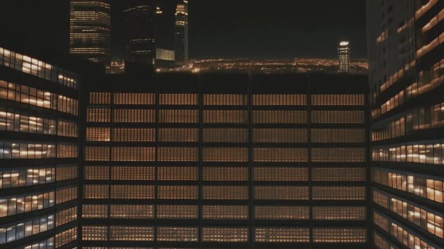 Architecturally advanced skyscraper adorned with brightly lit windows or screens. The camera ascends to reveal a cityscape at night, adorned with other skyscrapers and a breathtaking city skyline. 