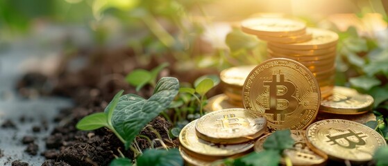 Golden Bitcoin coins on green foliage with sun flare.