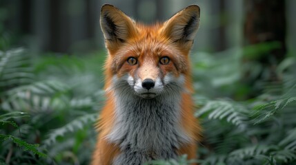 Obraz premium Majestic red fox is standing in a lush green forest, its piercing gaze captivating the viewer