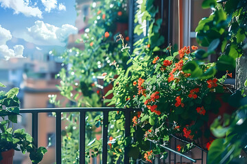 Lush green plants and vibrant red flowers thriving on a sunny balcony overlooking a city