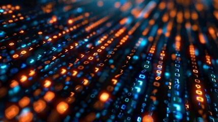 Obraz premium Bytes of binary code run through network. Abstract futuristic technology cyberspace.