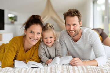 Fototapeta premium A young nuclear family plays with toys in the living room, with parents and children lying on the floor, looking at a children's storybook, enjoying a weekend day indoors.