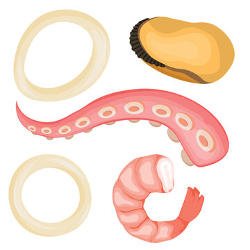 seafood assortment: pink octopus, shrimp, rings clip art preview